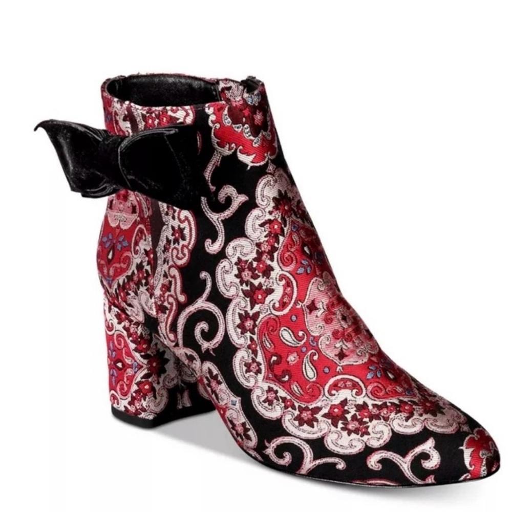 Kate Spade Holly Red &Black Paisley Brocade Fabric Ankle Boots with Bow 8.5M NWT - Picture 2 of 11